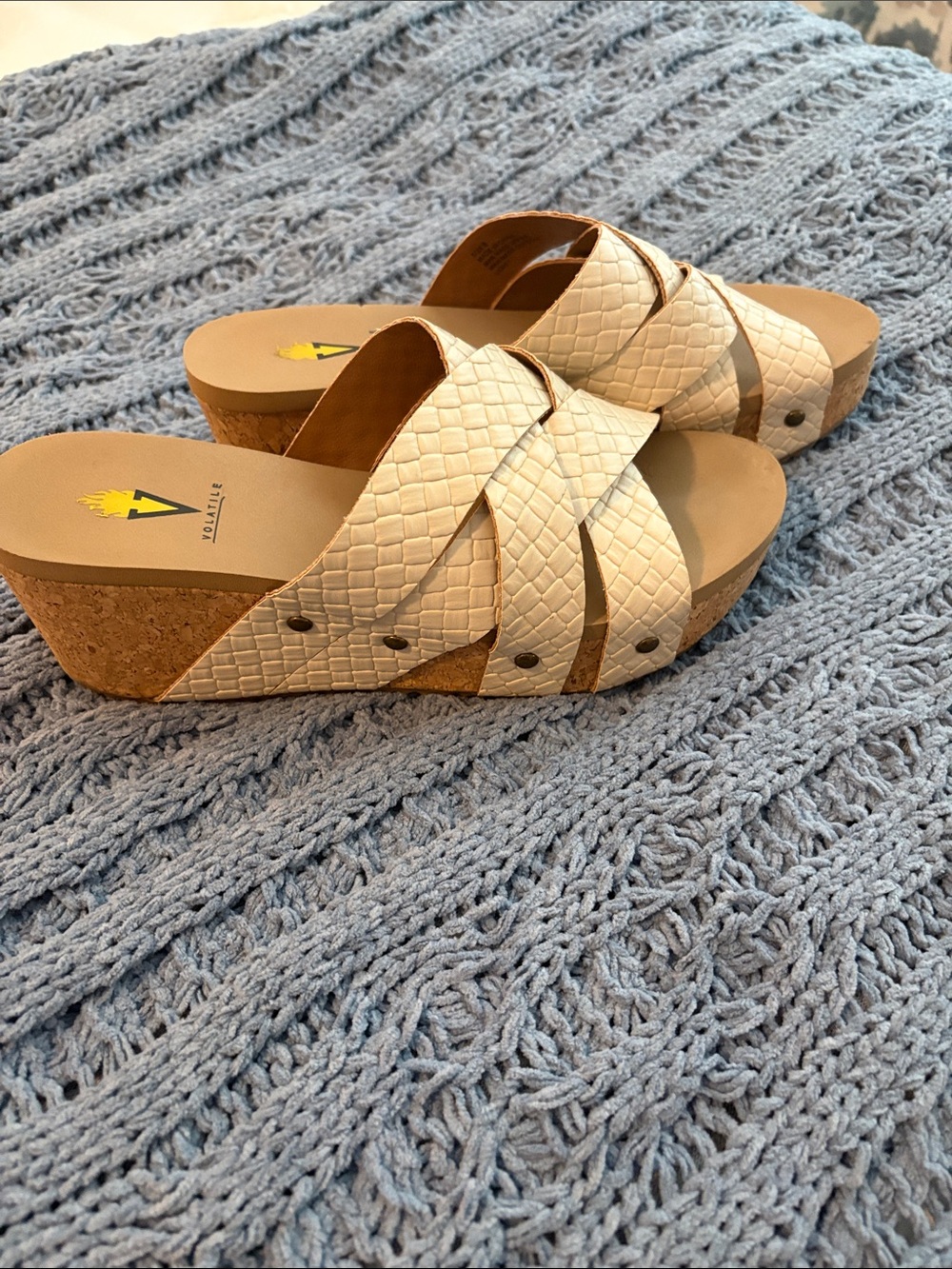Volatile Ivory Braided Cork Wedge Slide Sandals